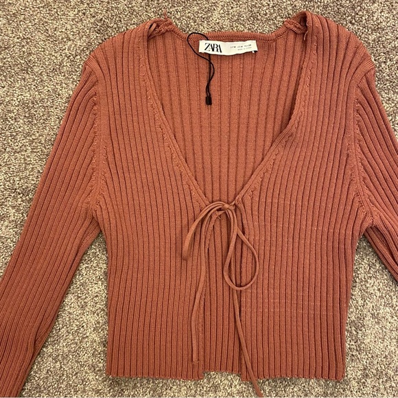 Zara Women's Ribbed Knit Tie Front Long Sleeve Crop Cardigan Sweater Top Size M - Picture 3 of 12